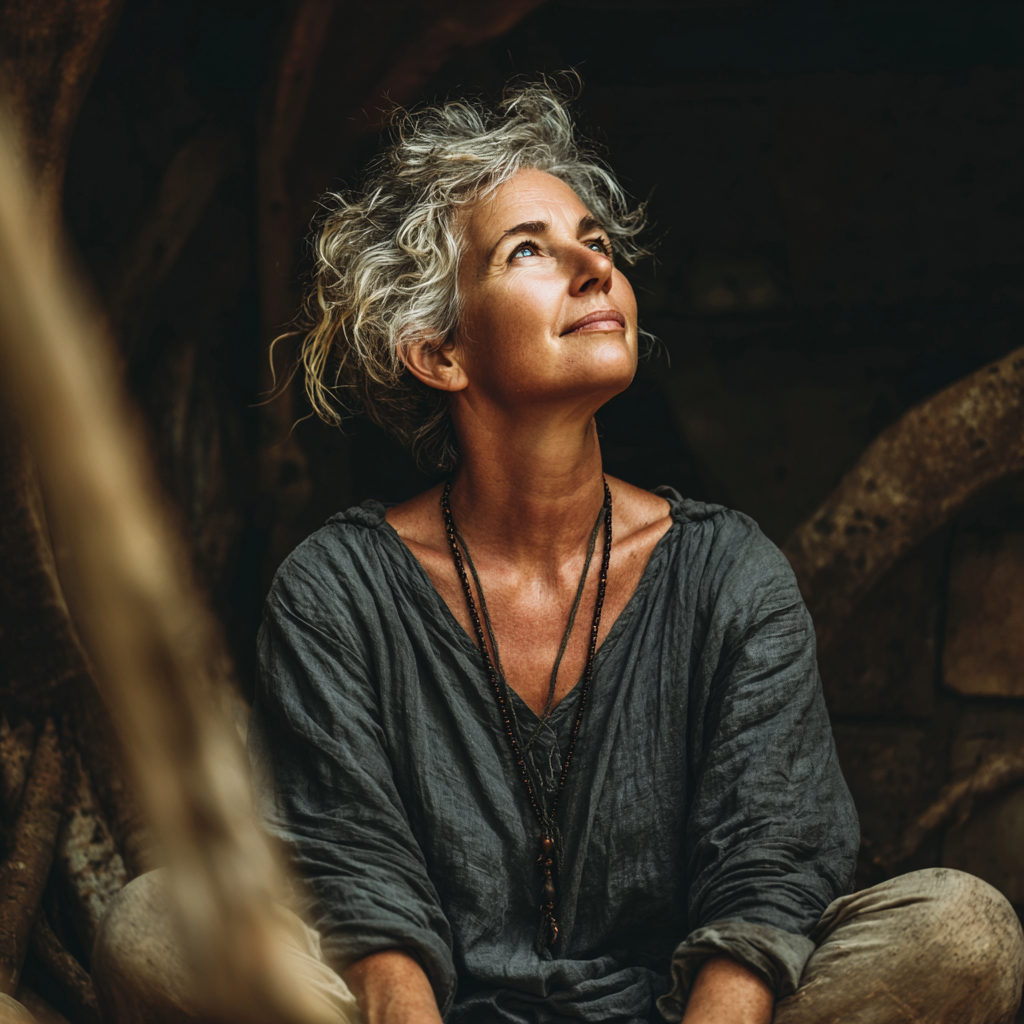 Peaceful middle-aged woman in meditation pose surrounded by natural elements