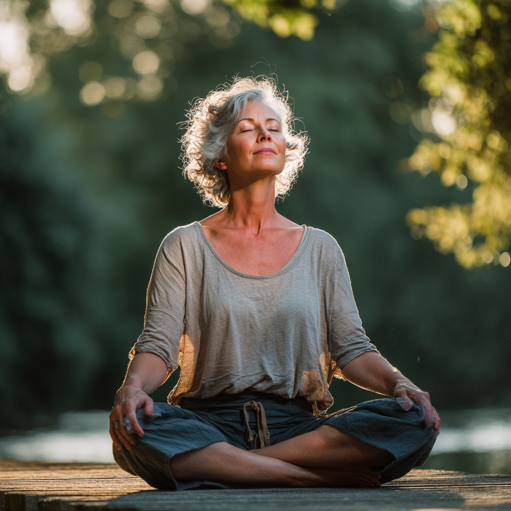 Serene middle-aged woman practicing yoga meditation in peaceful natural setting